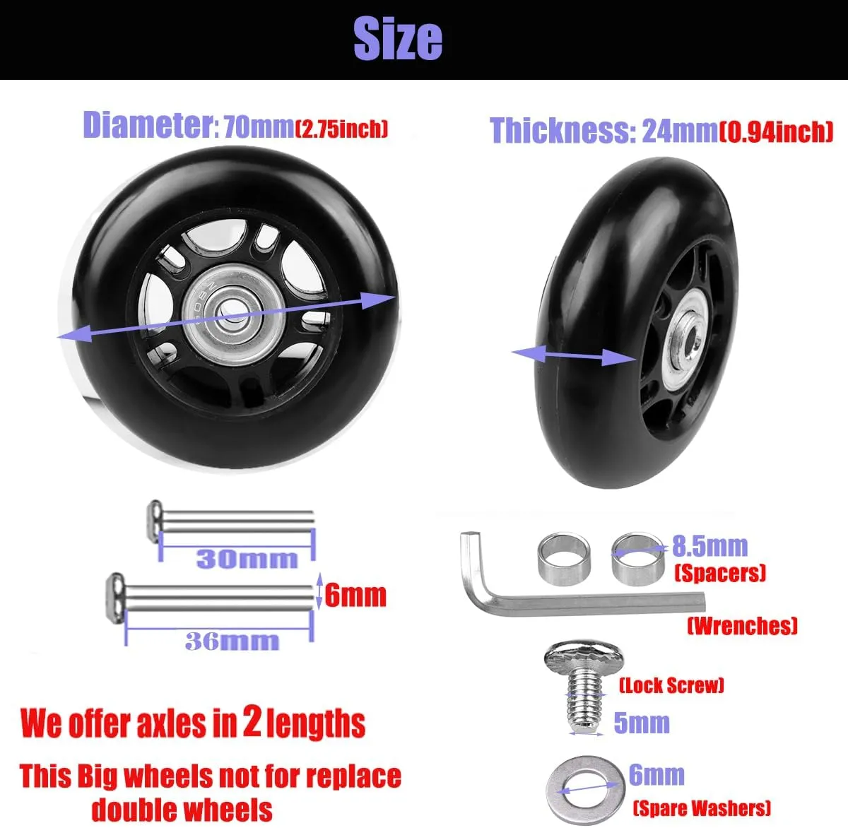 4pcs 70mmx24mm Luggage Suitcase Replacement Wheels,Rubber Swivel Caster Wheels Repair with 608zz Inline Outdoor Skate Replacement Wheels (2Axles)