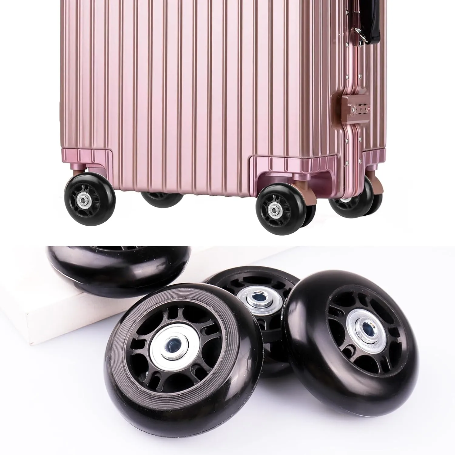 4pcs 70mmx24mm Luggage Suitcase Replacement Wheels,Rubber Swivel Caster Wheels Repair with 608zz Inline Outdoor Skate Replacement Wheels (2Axles)