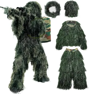 5 in 1 Ghillie Suit,3D Camouflage Hunting Apparel Including Jacket,Pants,Hood,Carry Bag Suitable for Unisex Kids Adults Youth Men