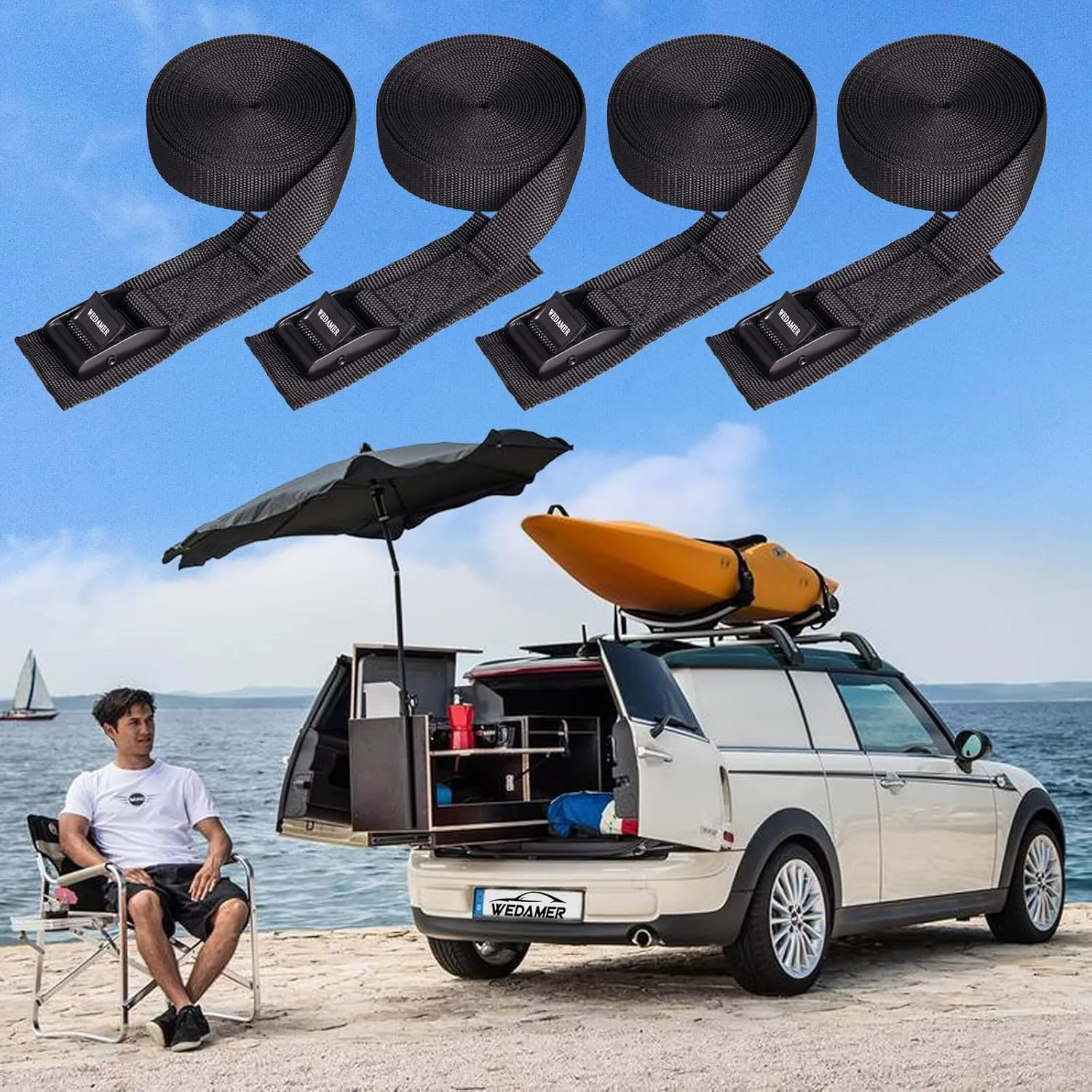 6 Pack Kayak Tie Down Straps 16.4Ft Cam Buckle Tie Downs Adjustable Kayak Strap for Trucks Motorcycles Boat RV, Ratchet Lashing Straps for Roof Rack Trailer Cargo Packing Securement 1" x 16.4'