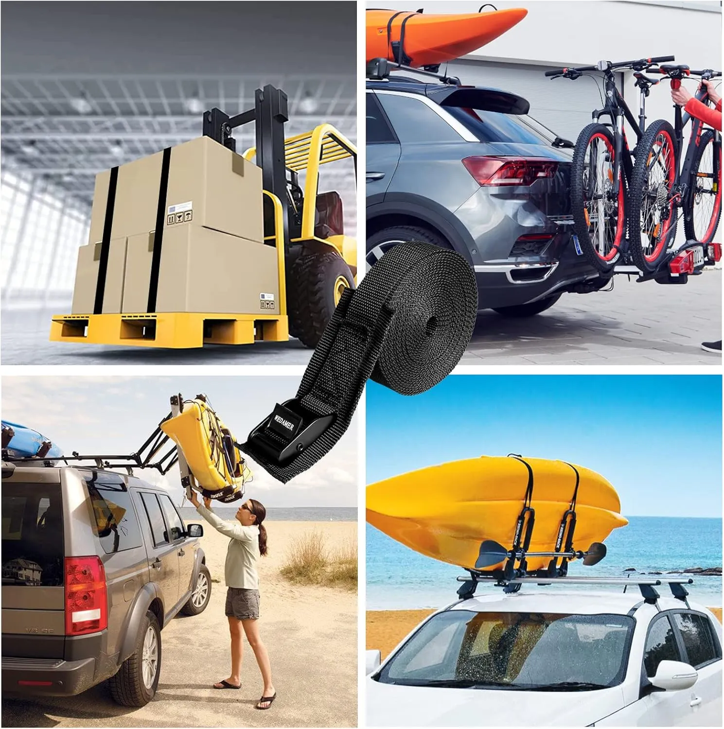 6 Pack Kayak Tie Down Straps 16.4Ft Cam Buckle Tie Downs Adjustable Kayak Strap for Trucks Motorcycles Boat RV, Ratchet Lashing Straps for Roof Rack Trailer Cargo Packing Securement 1" x 16.4'