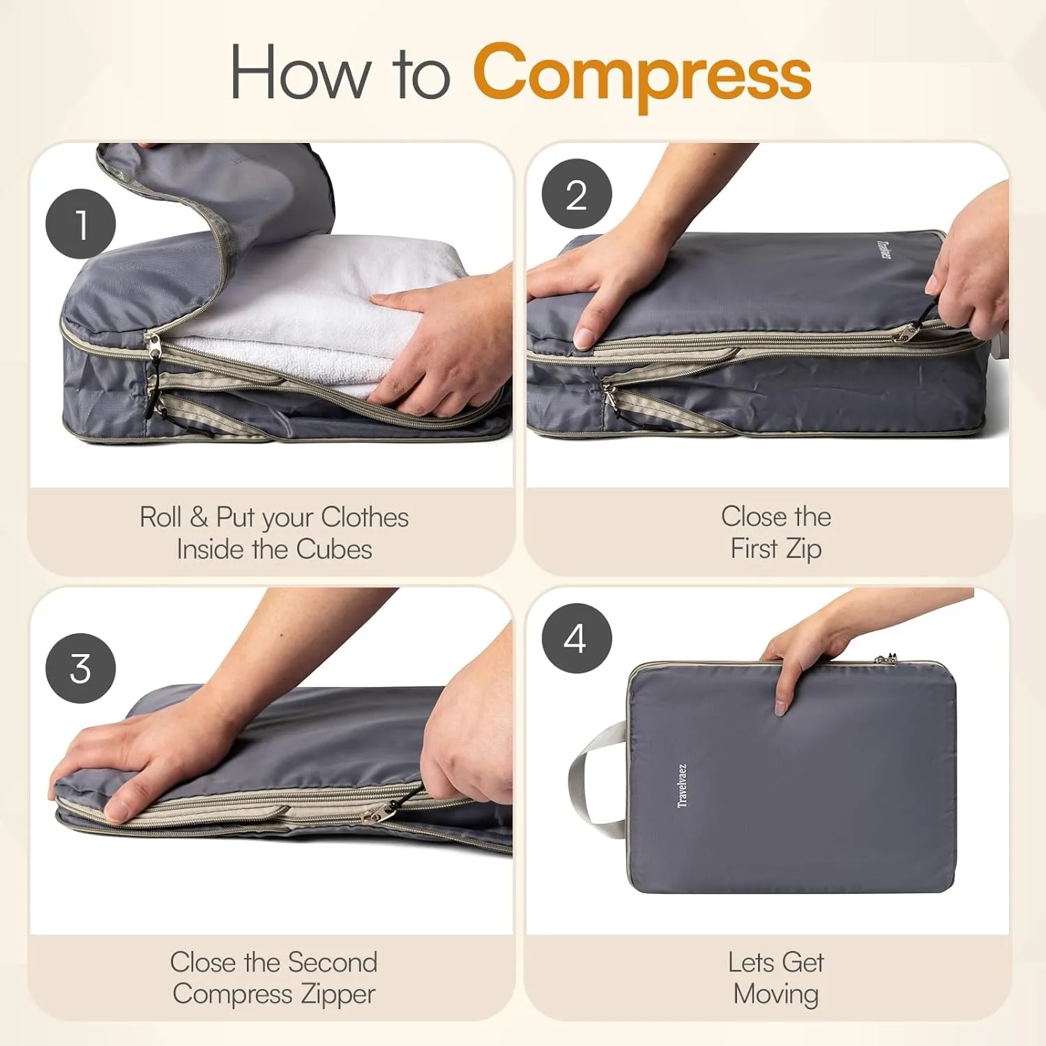 6 Set Compression Packing Cubes. Expandable and Lightweight Packing Cubes for Travel with Laundry Bag. (Grey).