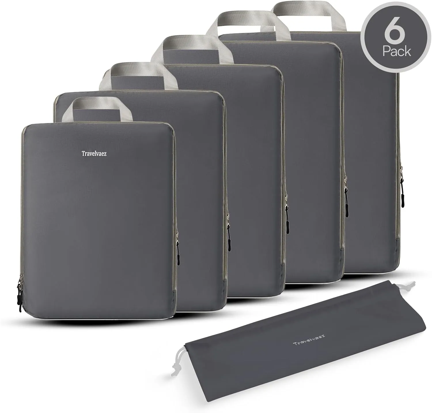 6 Set Compression Packing Cubes. Expandable and Lightweight Packing Cubes for Travel with Laundry Bag. (Grey).