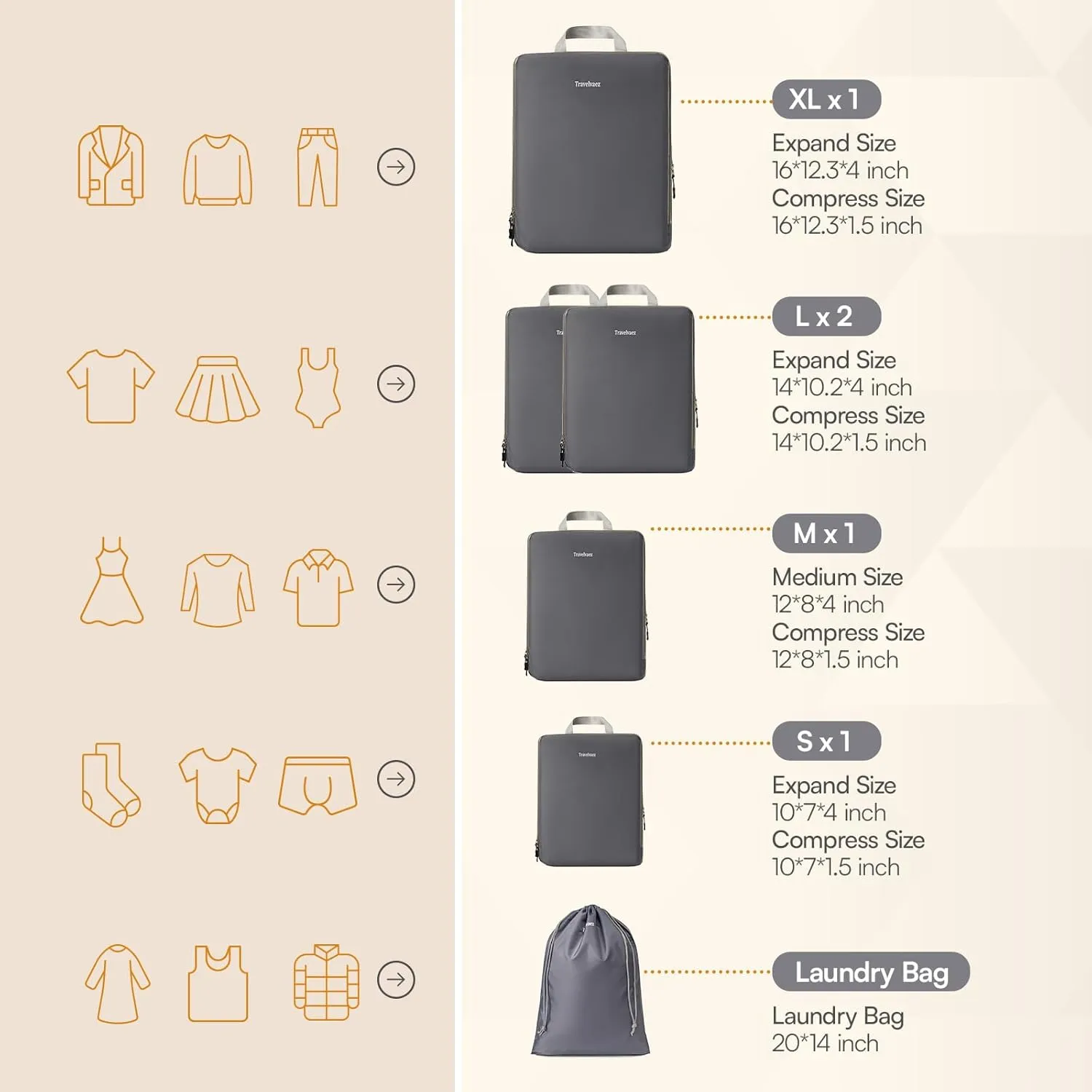 6 Set Compression Packing Cubes. Expandable and Lightweight Packing Cubes for Travel with Laundry Bag. (Grey).