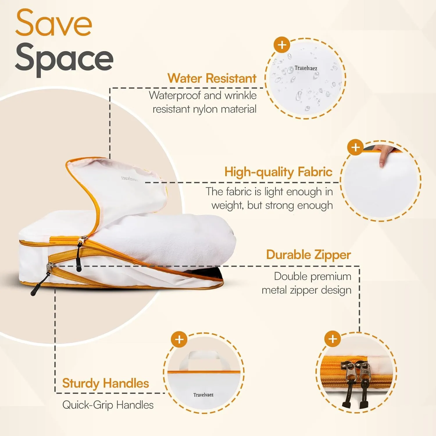 6 Set Compression Packing Cubes. Expandable and Lightweight Packing Cubes for Travel with Laundry Bag. (White).
