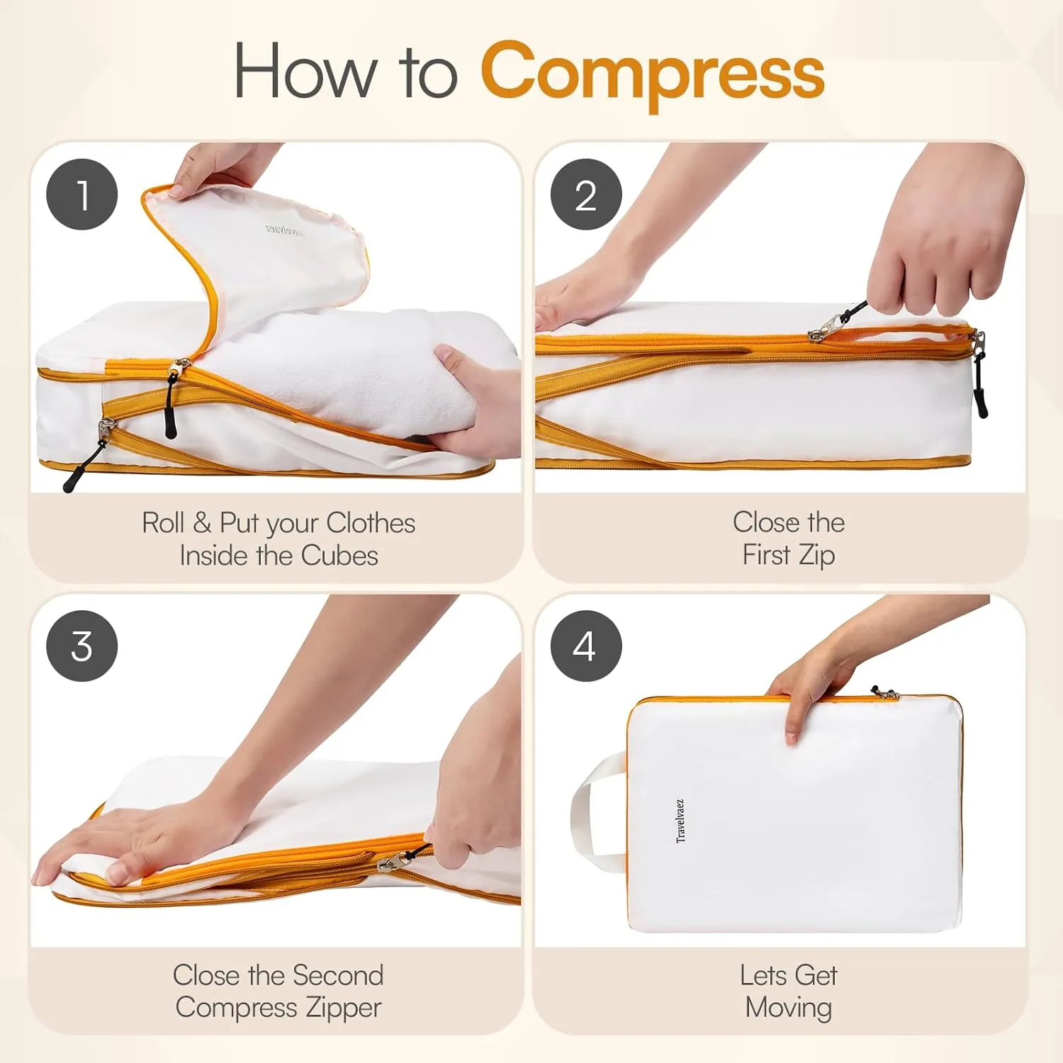 6 Set Compression Packing Cubes. Expandable and Lightweight Packing Cubes for Travel with Laundry Bag. (White).