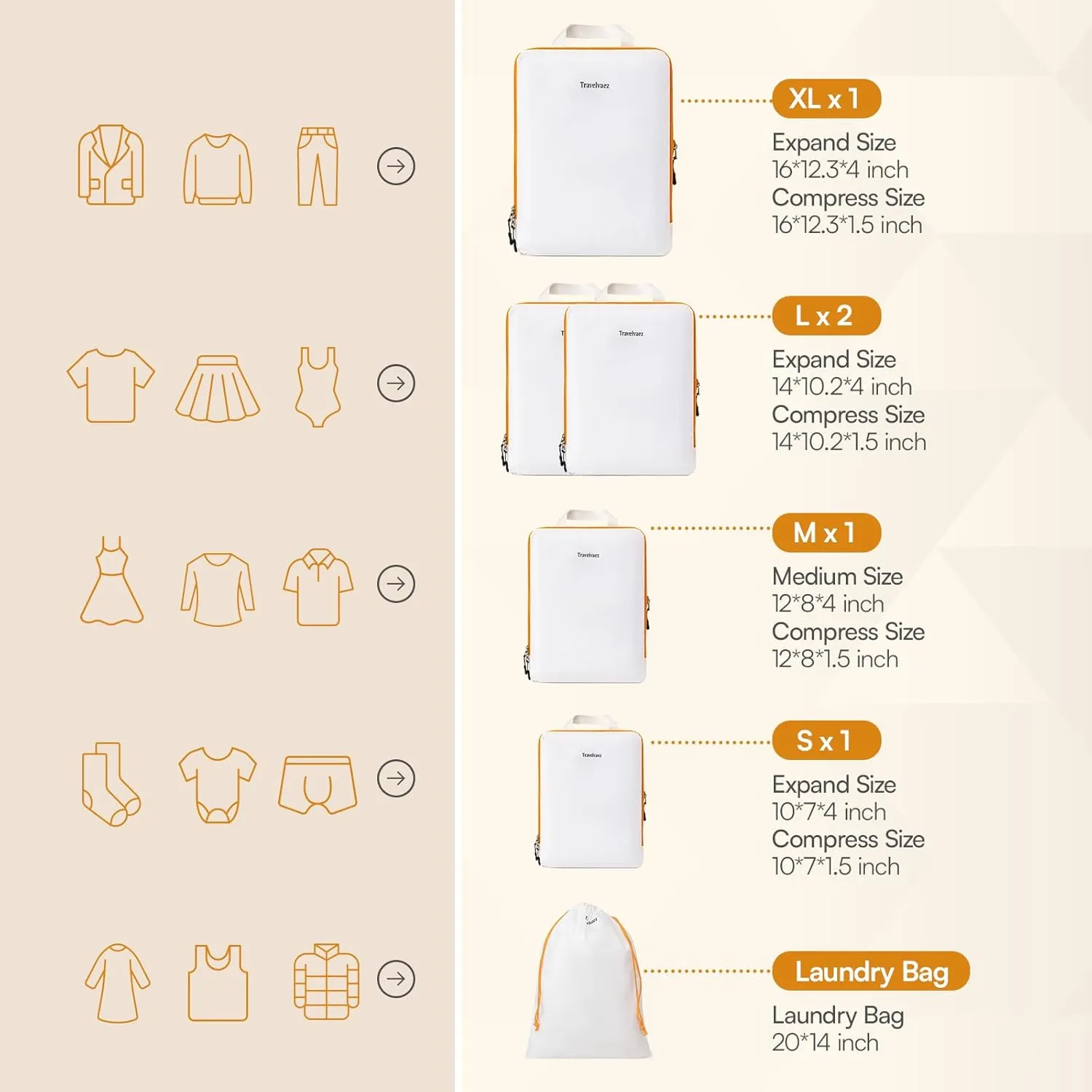 6 Set Compression Packing Cubes. Expandable and Lightweight Packing Cubes for Travel with Laundry Bag. (White).