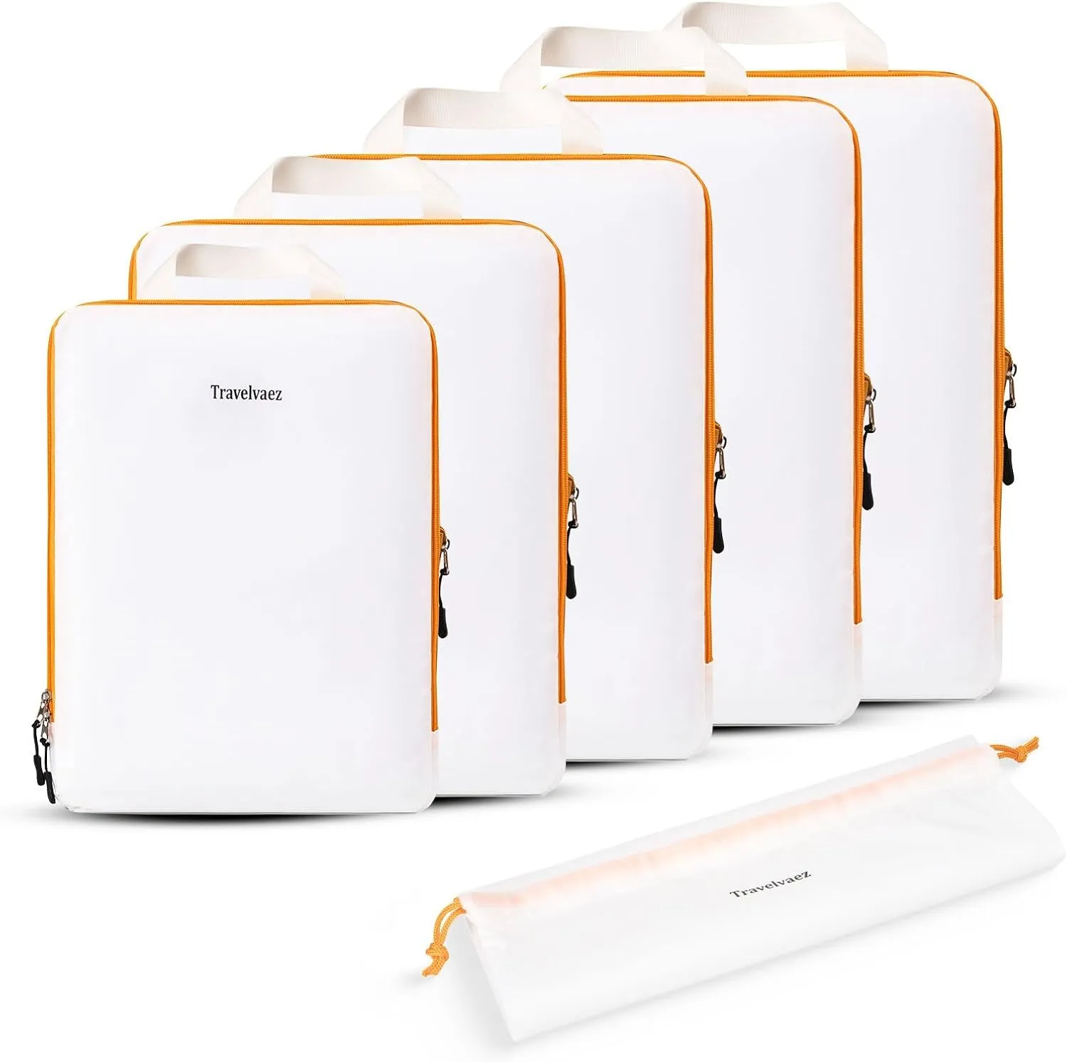 6 Set Compression Packing Cubes. Expandable and Lightweight Packing Cubes for Travel with Laundry Bag. (White).