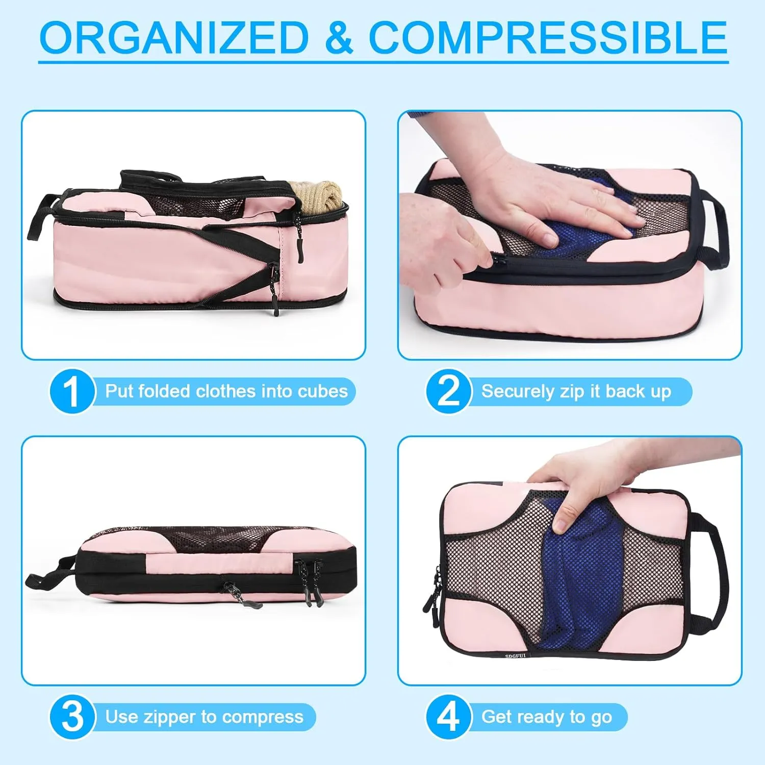 6 Set Compression Packing Cubes for Travel Women, Compression Bags Organizer for Packing Luggage Space Saving, Suitcase Organizer Set for Travel Essentials - Pink