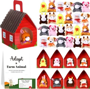 73 Pcs Farm Animal Party Favors Set 24 Mini Plush Farm Toys 24 Foldable Red Carton House 24 Adoption Cards 1 Sign Animal Bulk with Favor Bags for Adopt a Pet Party Favors Birthday Supply