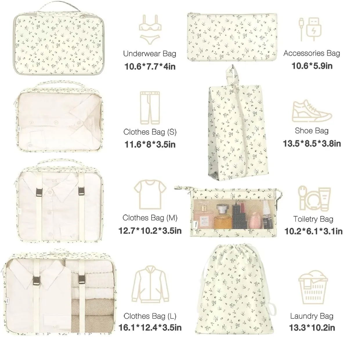 8 Set Packing Cubes for Suitcases, Packing Cube with Shoe, Cosmetics, Clothing, and Accessories Bags for Travel Luggage Organizer Women Men(Grey Flowers)