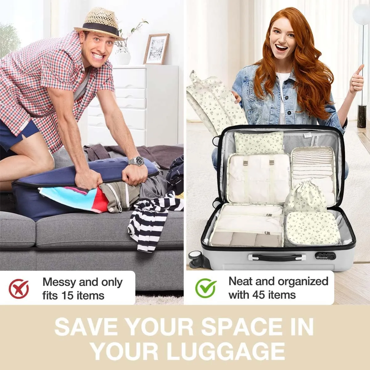 8 Set Packing Cubes for Suitcases, Packing Cube with Shoe, Cosmetics, Clothing, and Accessories Bags for Travel Luggage Organizer Women Men(Grey Flowers)
