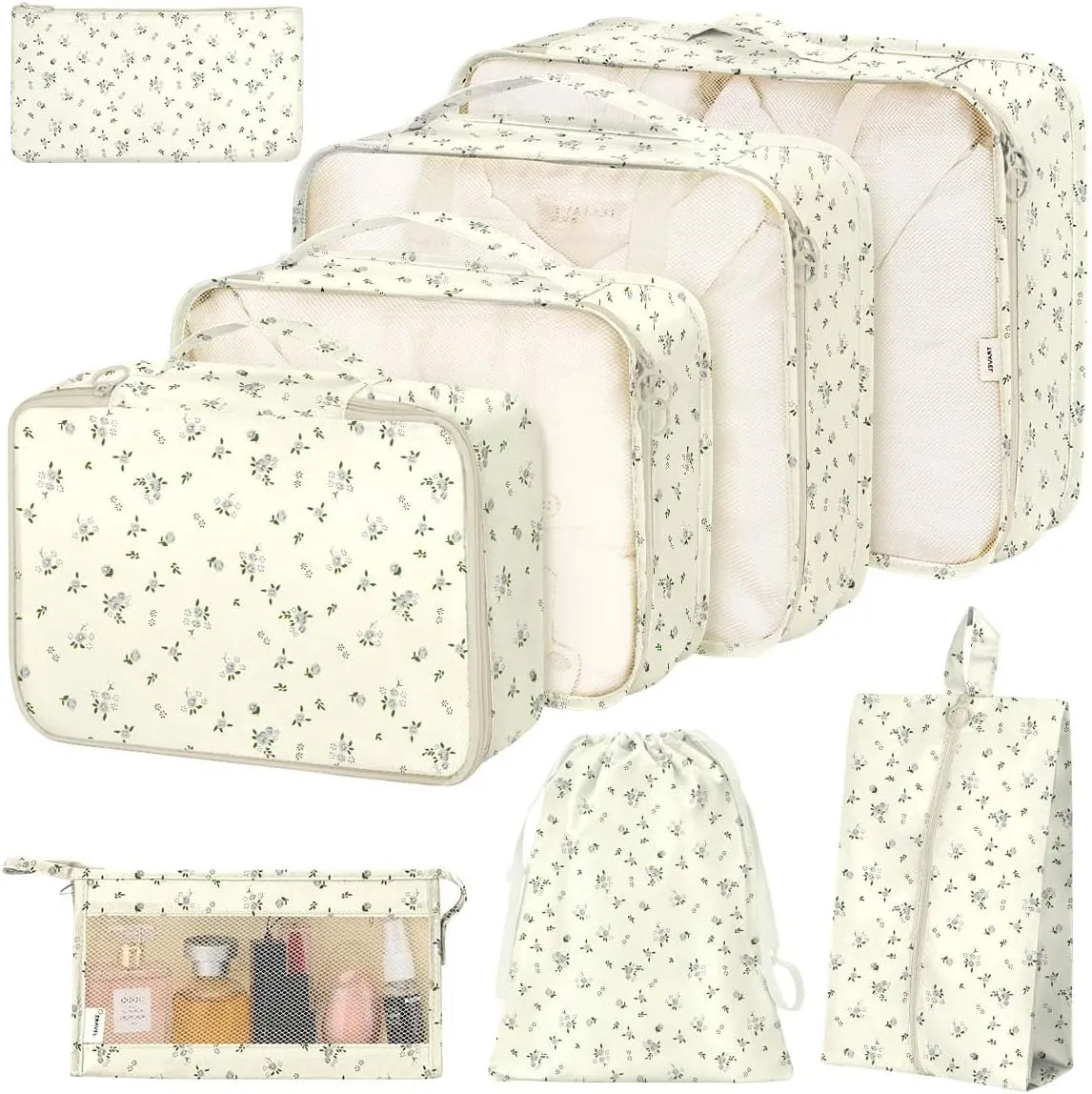 8 Set Packing Cubes for Suitcases, Packing Cube with Shoe, Cosmetics, Clothing, and Accessories Bags for Travel Luggage Organizer Women Men(Grey Flowers)