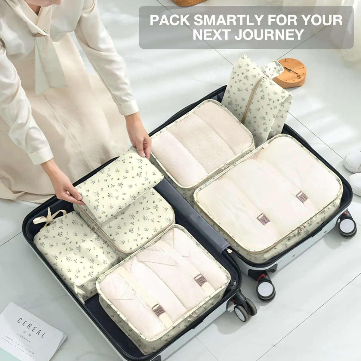 8 Set Packing Cubes for Suitcases, Packing Cube with Shoe, Cosmetics, Clothing, and Accessories Bags for Travel Luggage Organizer Women Men(Grey Flowers)