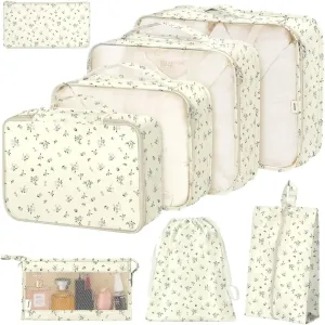 8 Set Packing Cubes for Suitcases, Packing Cube with Shoe, Cosmetics, Clothing, and Accessories Bags for Travel Luggage Organizer Women Men(Grey Flowers)