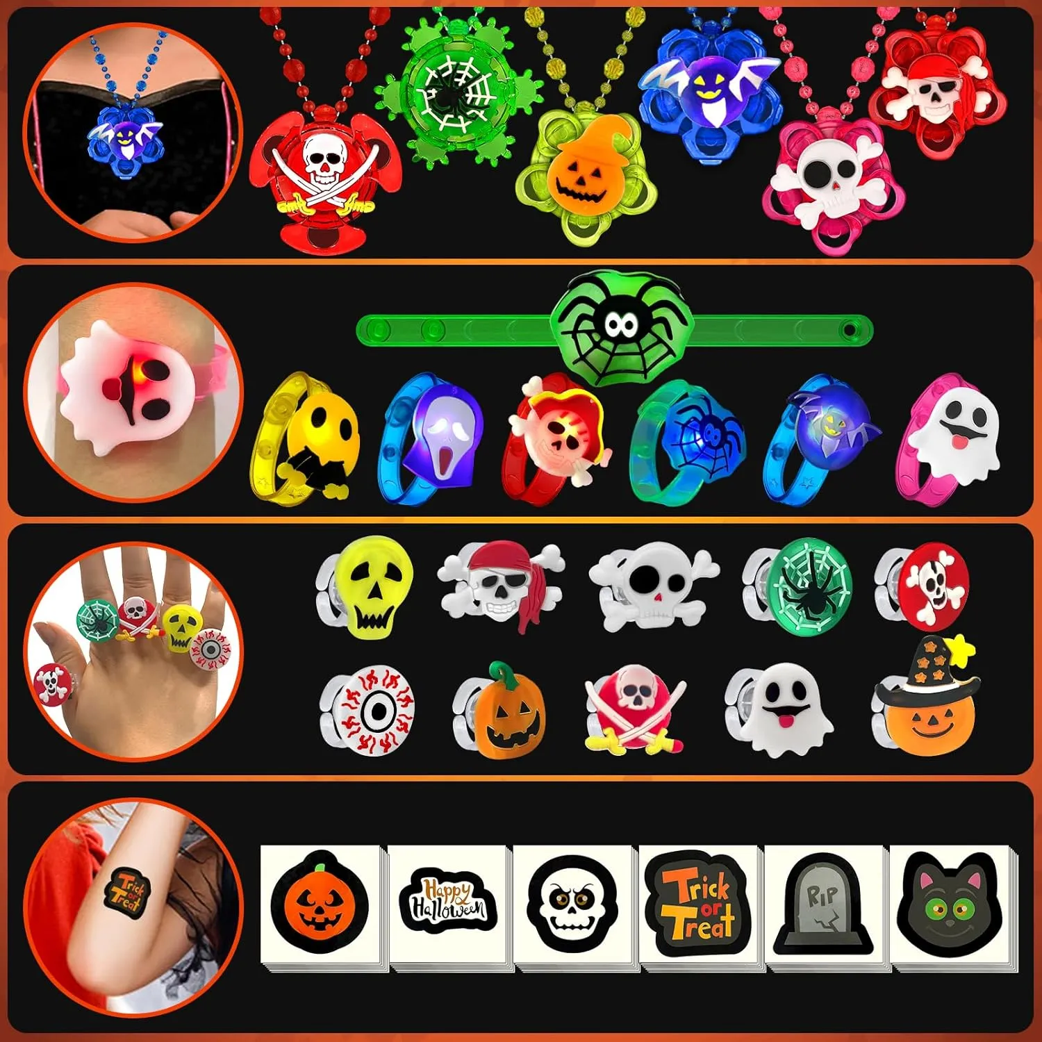 84 PCS Halloween Party Favors for Kids, Halloween Glow in the Dark Toys Rotating Spin Light Up Necklaces LED Rings Bracelets Decorations, Halloween Trick or Treats Goodie Bag Fillers Party Supplies