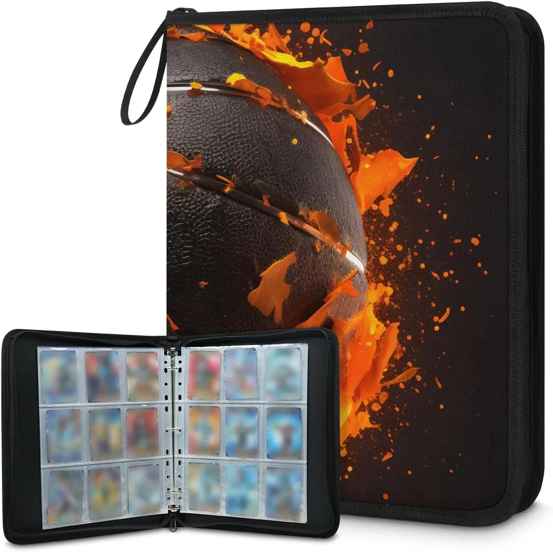9 Pocket Card Binder, Flame Basketball 900 Pockets Collector Album with Zipper Trading Card Binder, Colorful Basketball Double Sided Pocket Collection Binder