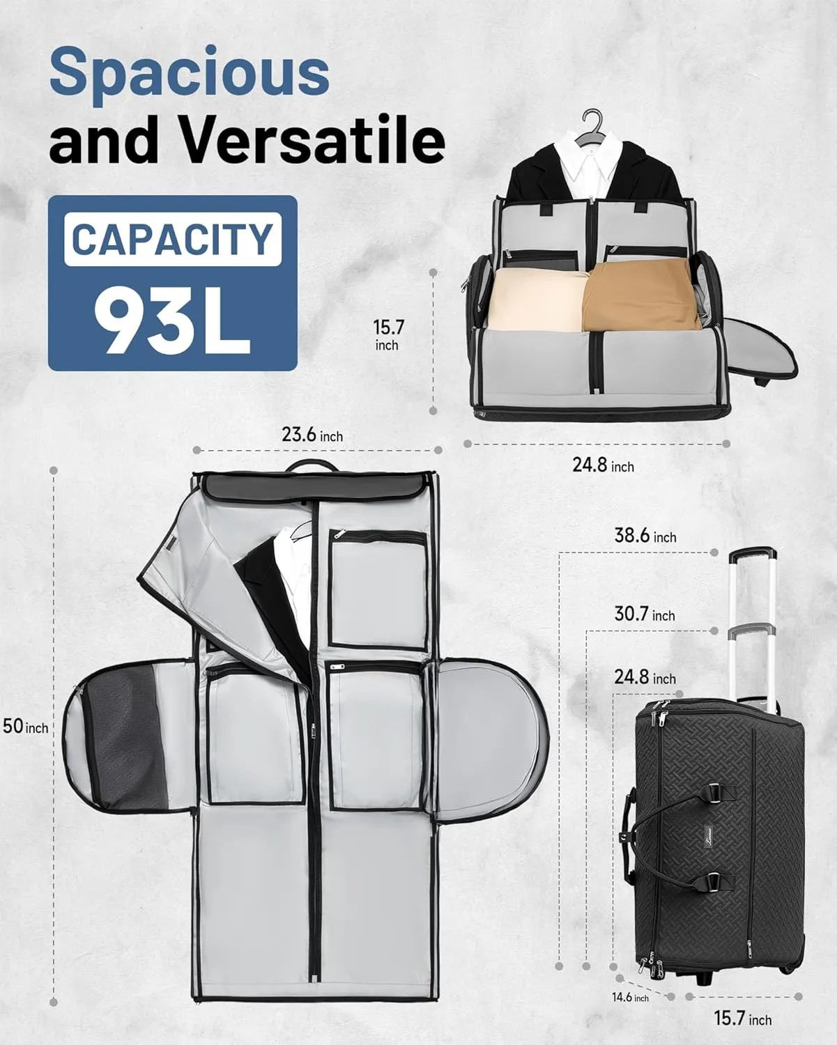 93L Carry on Garment Duffle Bag with Wheels, Folding Convertible Rolling Garment Bag for Travel with Shoes Compartment, Wheeled Waterproof Suit Bag Travel for Men Women