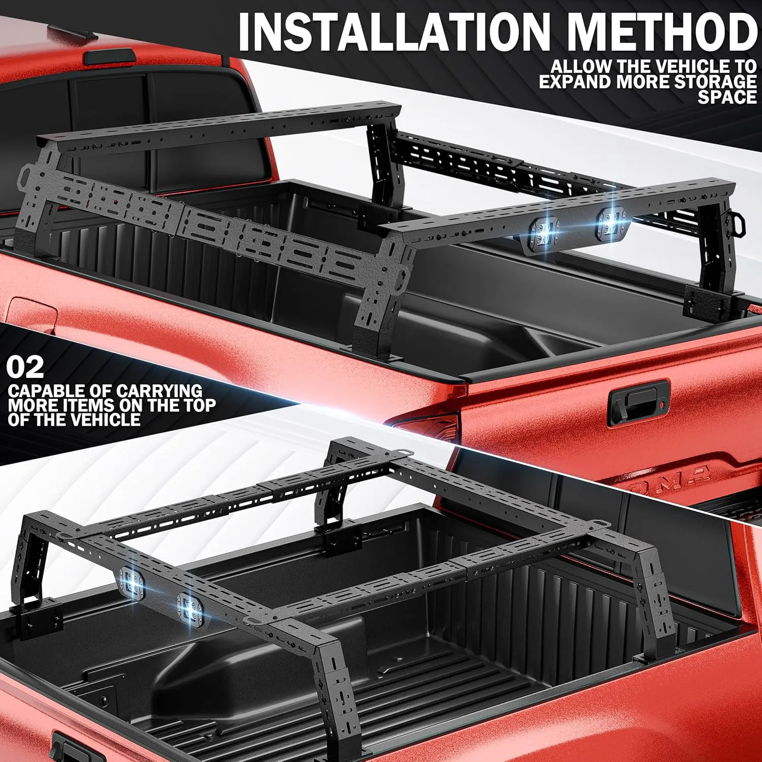 Adjustable 11.2-13.2" High Truck Bed Racks with 2 Led Light Compatible for Silverado/Sierra/Ram/Ford F-Series/Tacoma/Tundra/Titan/Frontier/Colorado/Canyon/Gladiator JT, Ladder Cargo Rack