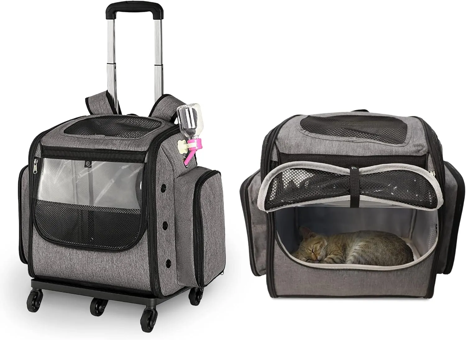 Airline Approved Pet Backpack with Wheels for Cats and Dogs, Dog Carrier Bag with Detachable Trolley, Telescopic Handle, Upgrade 4 Wheels, Safety Strap, Pet Travel Backpack Easy to Fold,Grey
