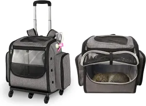Airline Approved Pet Backpack with Wheels for Cats and Dogs, Dog Carrier Bag with Detachable Trolley, Telescopic Handle, Upgrade 4 Wheels, Safety Strap, Pet Travel Backpack Easy to Fold,Grey