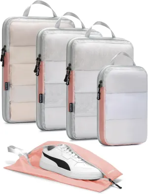 Alameda Compression Packing Cubes for Travel with See Through Mesh - 5 Set Packing Cubes for Carry on Suitcase, Lightweight Luggage Organizer Bags for Travel Essentials with Shoe Bag, Rose Quartz