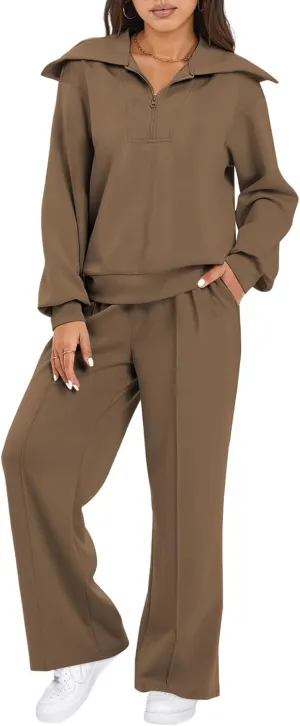 Aleumdr Two Piece Outfits Half Zip Sweatshirt Sweatsuit Lounge Sets for Women Matching Set Wide Leg Sweatpant Tracksuit