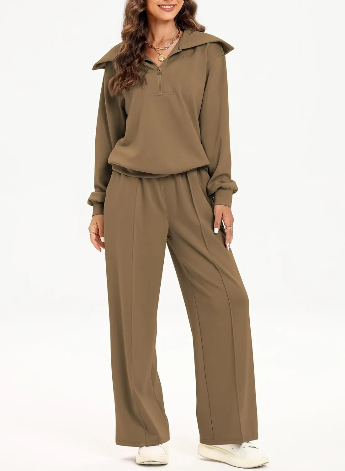 Aleumdr Two Piece Outfits Half Zip Sweatshirt Sweatsuit Lounge Sets for Women Matching Set Wide Leg Sweatpant Tracksuit