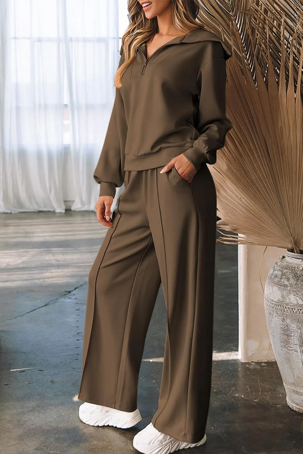 Aleumdr Two Piece Outfits Half Zip Sweatshirt Sweatsuit Lounge Sets for Women Matching Set Wide Leg Sweatpant Tracksuit