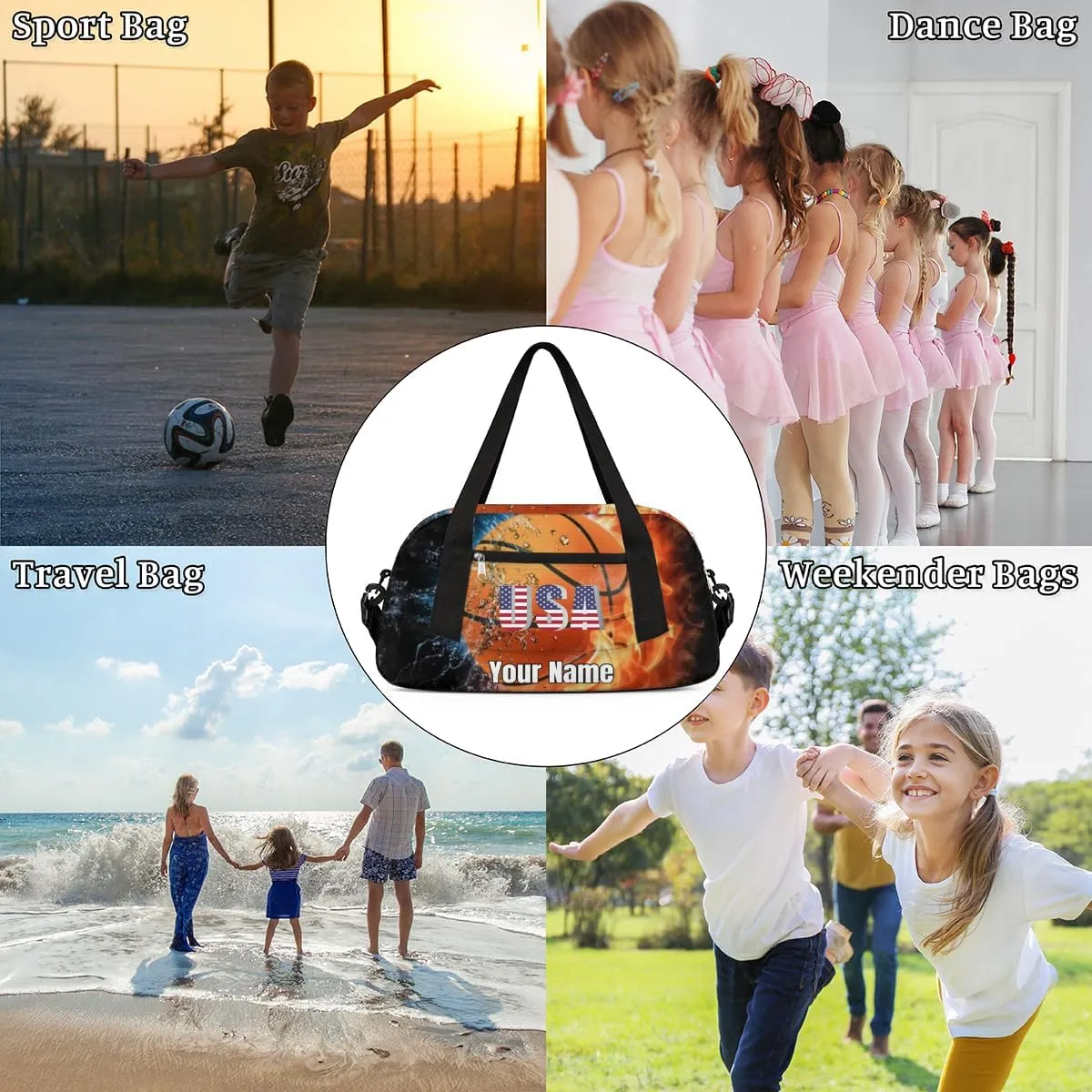 American Basketball Sports Print Boy Basketball Duffle Bag Kids Gym Bag, Ball Waterproof Gym Sports Duffle Bag Teen Personalized Travel Gymnastic Weekender Bag Custom Carry on Soccer Tote Bag for Boys