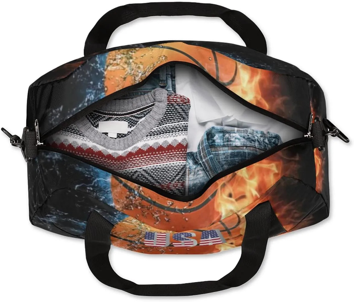 American Basketball Sports Print Boy Basketball Duffle Bag Kids Gym Bag, Ball Waterproof Gym Sports Duffle Bag Teen Personalized Travel Gymnastic Weekender Bag Custom Carry on Soccer Tote Bag for Boys