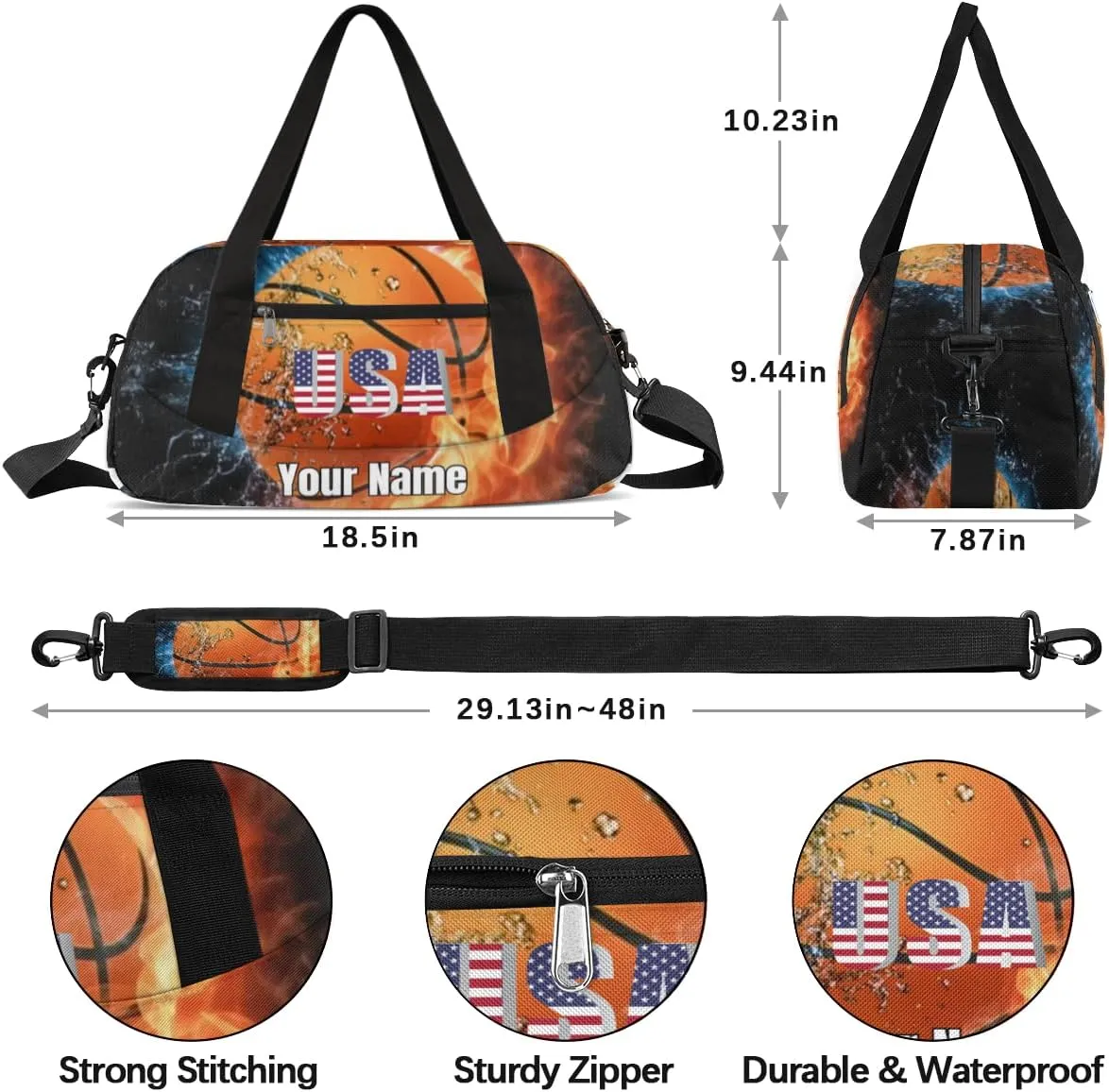 American Basketball Sports Print Boy Basketball Duffle Bag Kids Gym Bag, Ball Waterproof Gym Sports Duffle Bag Teen Personalized Travel Gymnastic Weekender Bag Custom Carry on Soccer Tote Bag for Boys