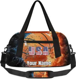 American Basketball Sports Print Boy Basketball Duffle Bag Kids Gym Bag, Ball Waterproof Gym Sports Duffle Bag Teen Personalized Travel Gymnastic Weekender Bag Custom Carry on Soccer Tote Bag for Boys