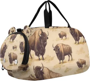 American Bison Retro Duffle Bag for Kids Girls Boys, Sports Gym Bag with Shoe Compartments, Kids Travel Overnight Weekender Shoulder Bag