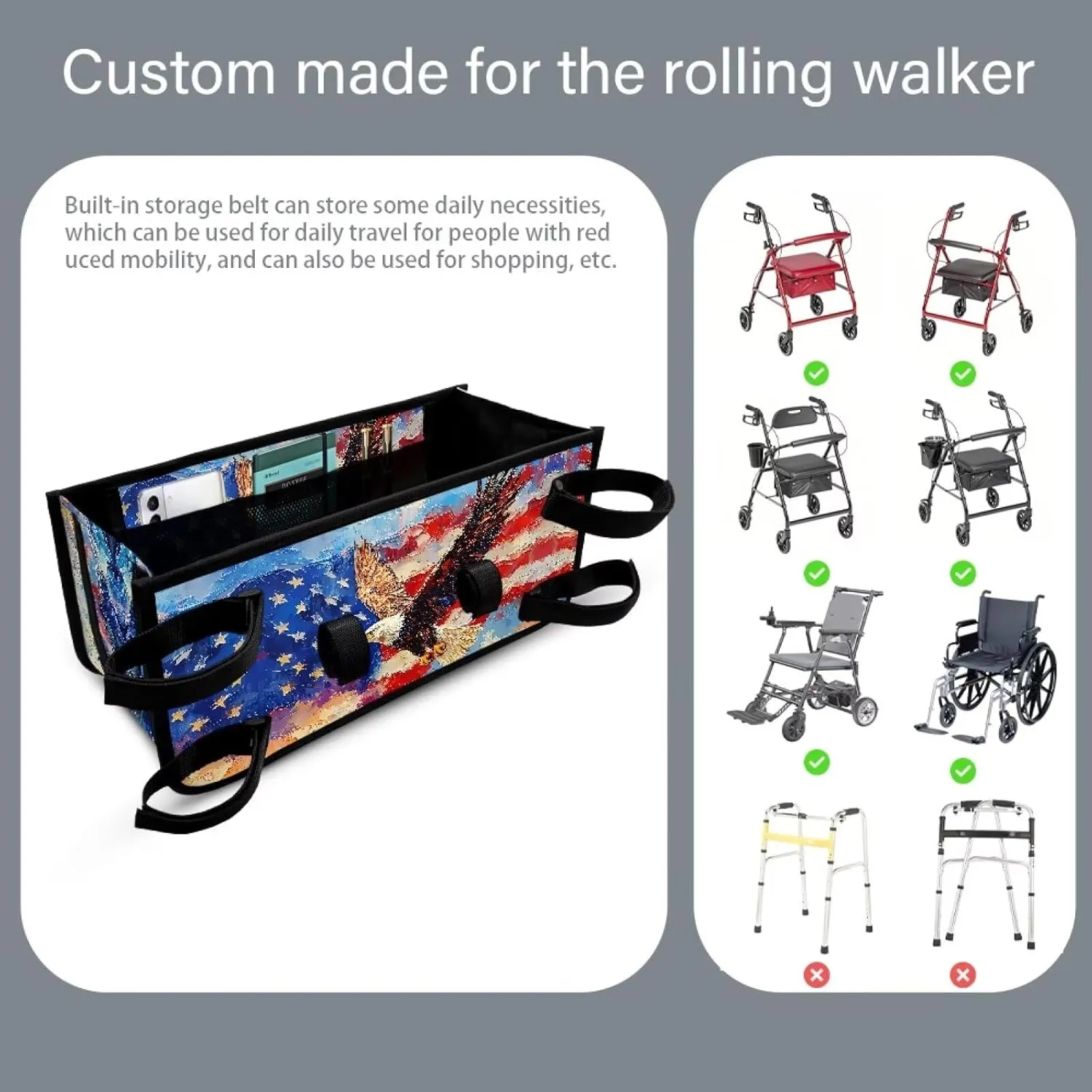 American Flag Eagle Walker Bag Foldable Walker Storage Bag with Small Internal Pockets Large Capacity Organizer Walker Attachment
