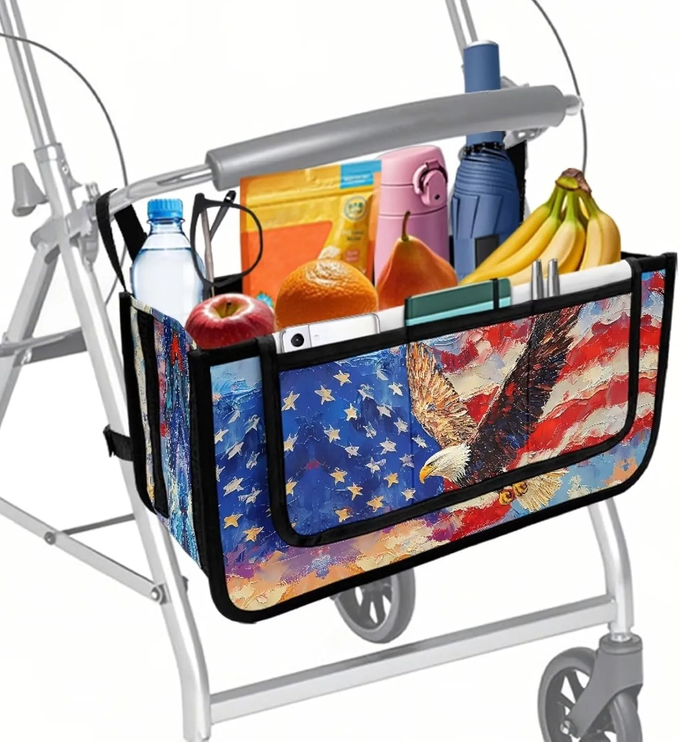 American Flag Eagle Walker Bag Foldable Walker Storage Bag with Small Internal Pockets Large Capacity Organizer Walker Attachment
