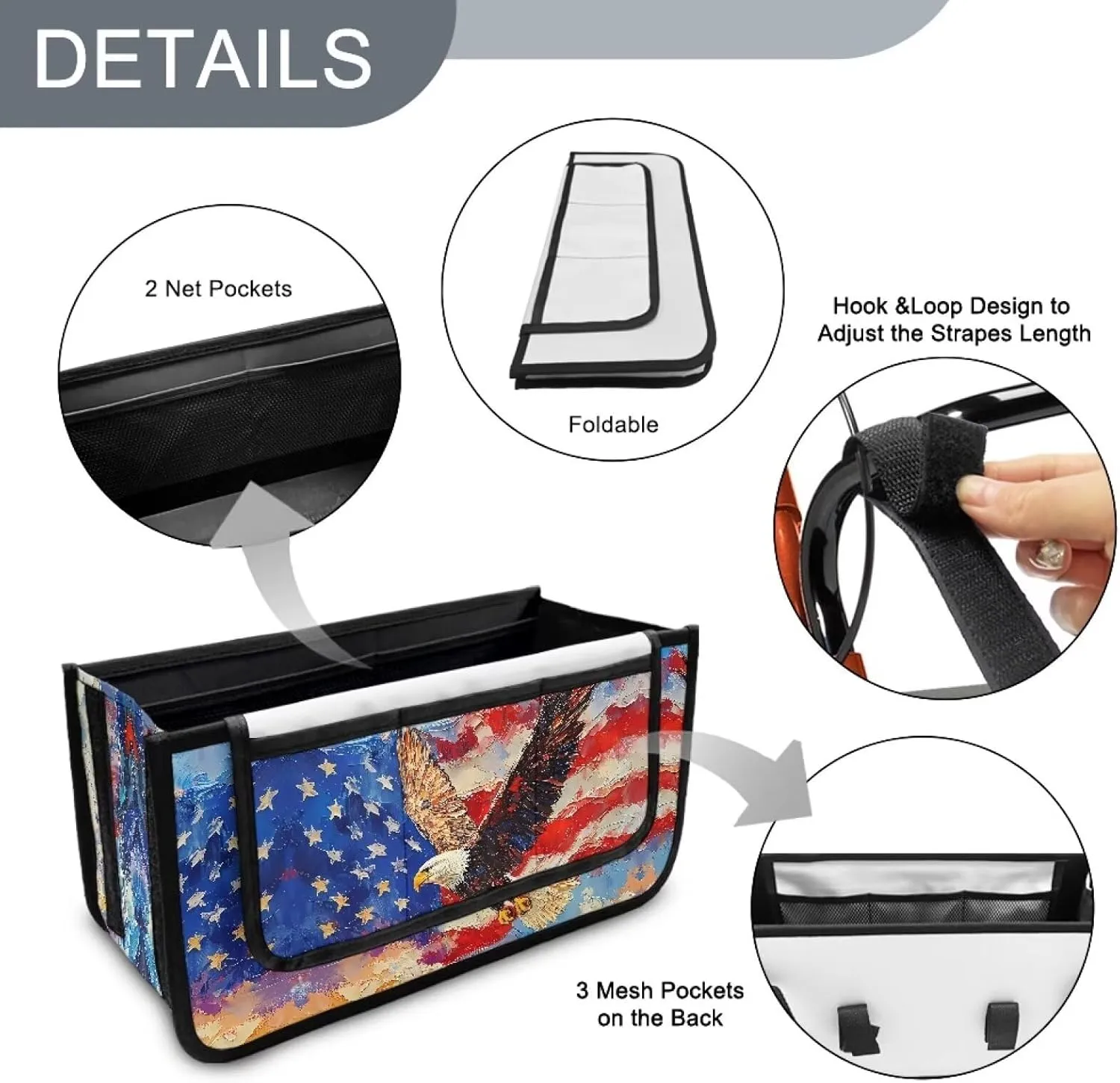 American Flag Eagle Walker Bag Foldable Walker Storage Bag with Small Internal Pockets Large Capacity Organizer Walker Attachment