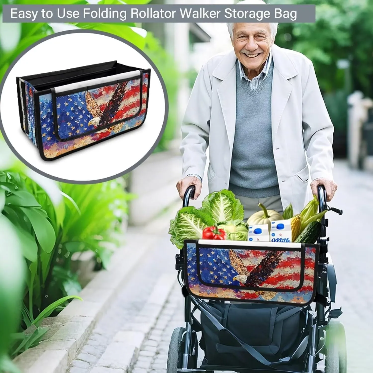 American Flag Eagle Walker Bag Foldable Walker Storage Bag with Small Internal Pockets Large Capacity Organizer Walker Attachment