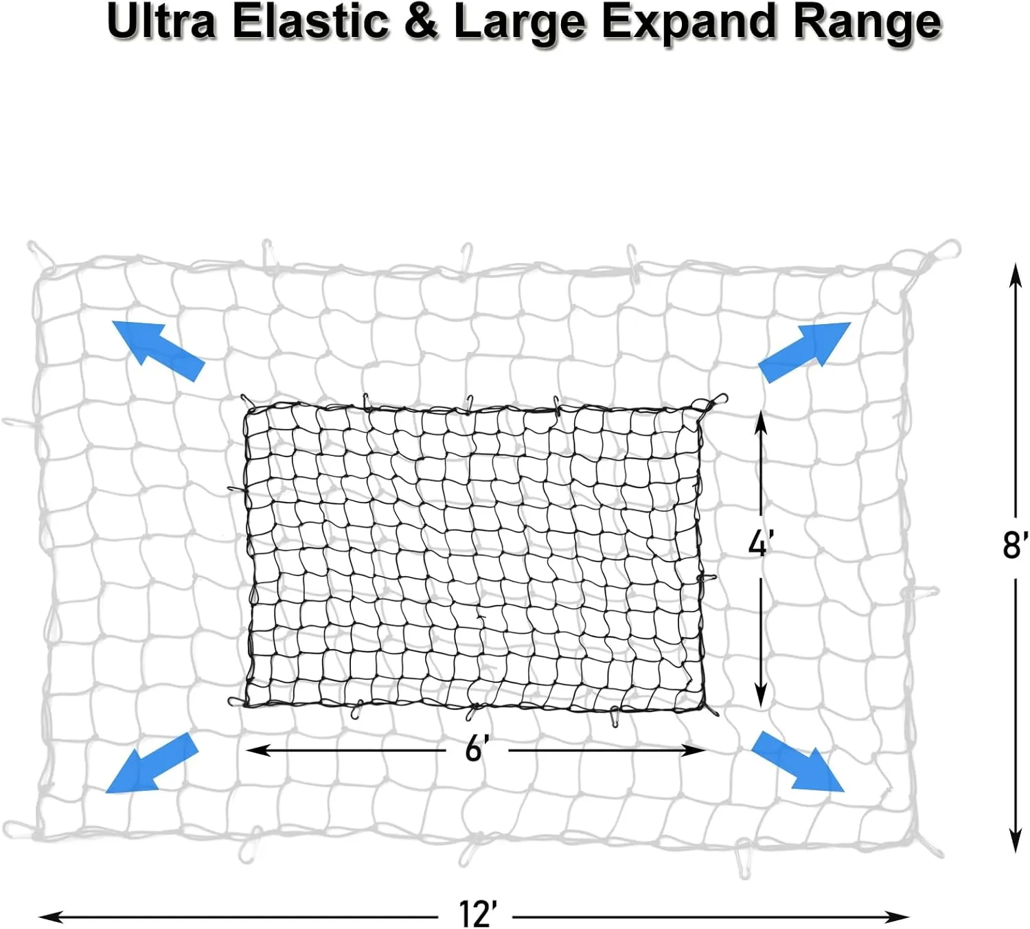 Amiss 4' x 6' Stretches to 8' x 12' Truck Cargo Net, Roof Rack Cargo Net for Pickup Trucks SUV, Heavy Duty Truck Bed Cargo Bungee Net with 12 Black Clips and Storage Bag, Car Exterior Accessories