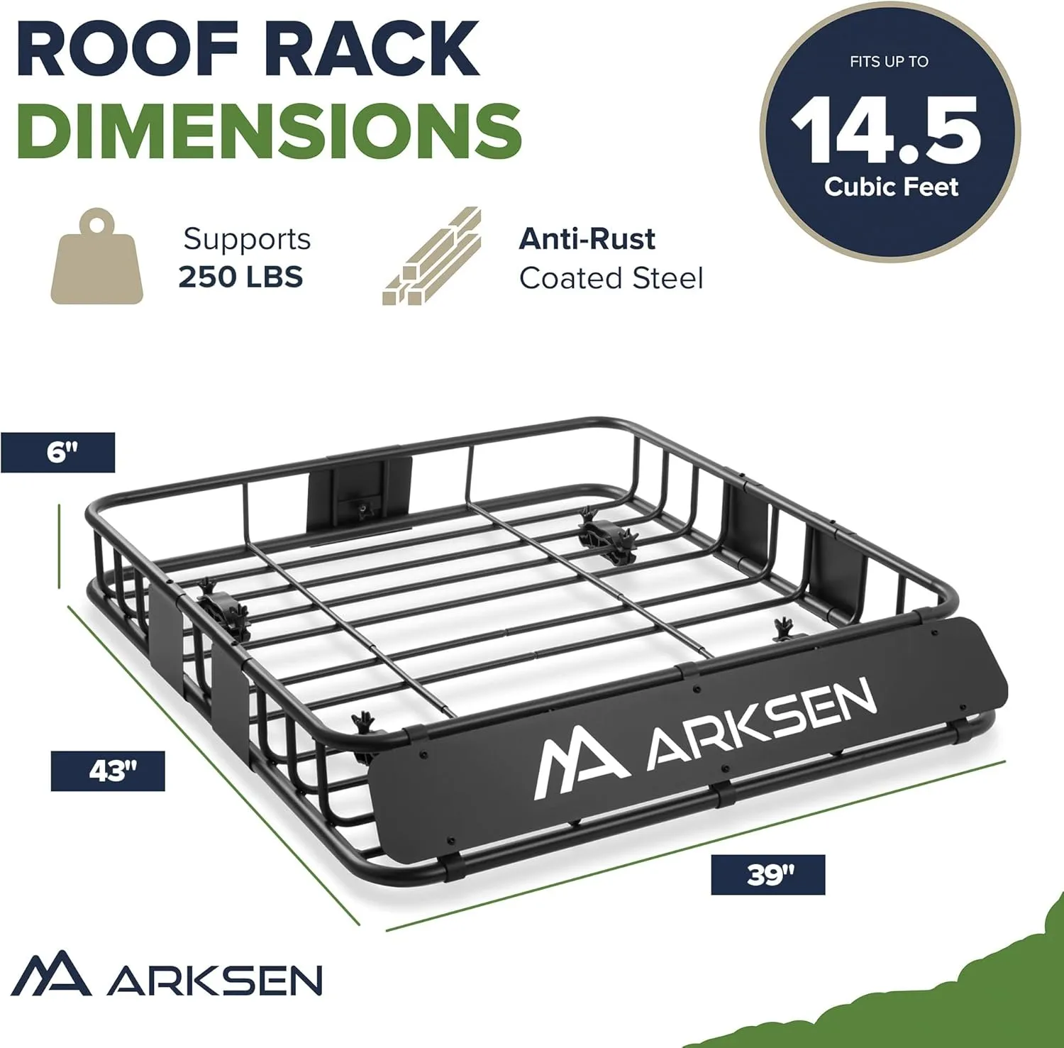 ARKSEN 43 x 39 x 6 Inch Universal 250LB Heavy Duty Roof Rack Cargo with 500D Waterproof Cargo Bag, Cargo Net & Ratchet Straps, Car Top Luggage Holder Basket for SUV, Truck, & Car Steel Construction