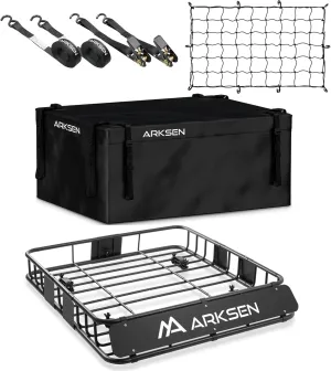 ARKSEN 43 x 39 x 6 Inch Universal 250LB Heavy Duty Roof Rack Cargo with 500D Waterproof Cargo Bag, Cargo Net & Ratchet Straps, Car Top Luggage Holder Basket for SUV, Truck, & Car Steel Construction