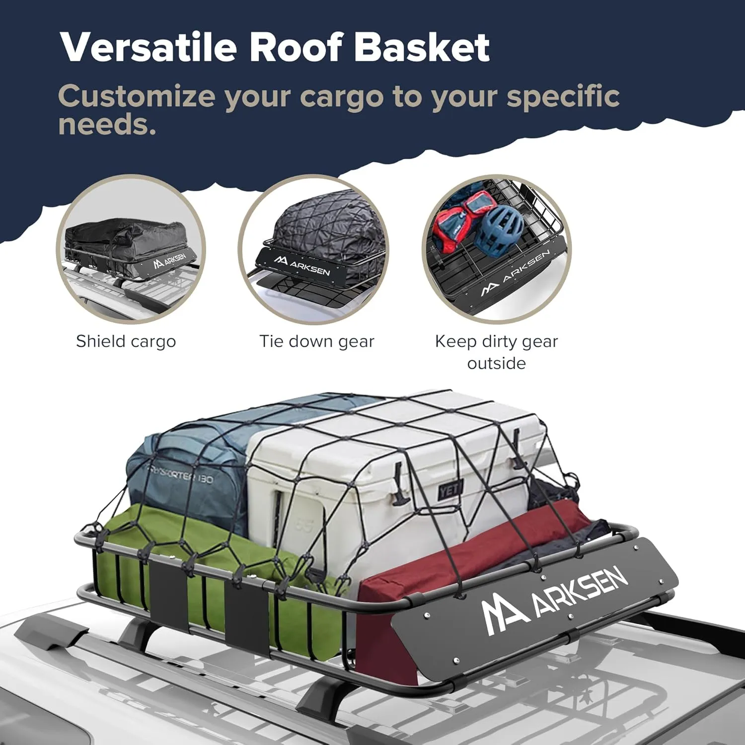 ARKSEN 43 x 39 x 6 Inch Universal 250LB Heavy Duty Roof Rack Cargo with 500D Waterproof Cargo Bag, Cargo Net & Ratchet Straps, Car Top Luggage Holder Basket for SUV, Truck, & Car Steel Construction