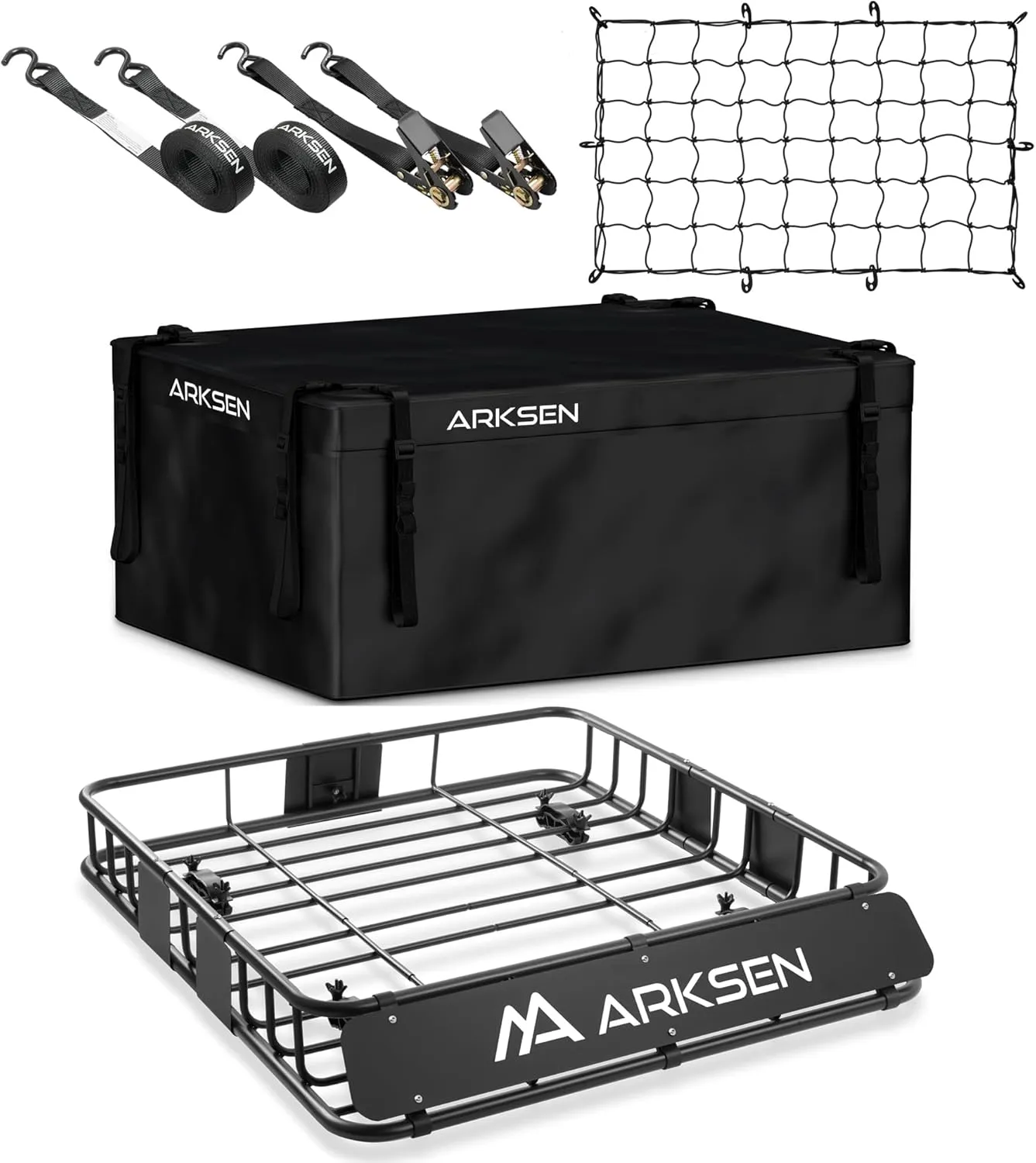 ARKSEN 43 x 39 x 6 Inch Universal 250LB Heavy Duty Roof Rack Cargo with 500D Waterproof Cargo Bag, Cargo Net & Ratchet Straps, Car Top Luggage Holder Basket for SUV, Truck, & Car Steel Construction