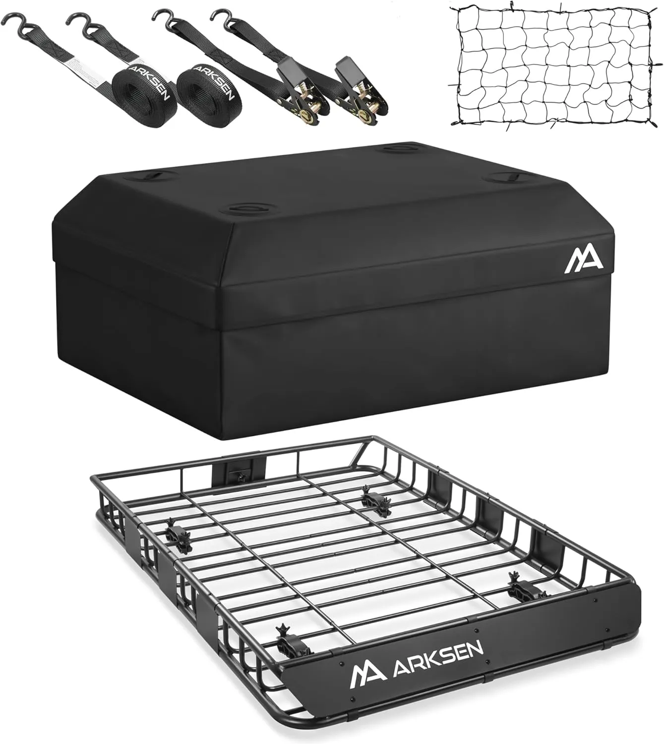 ARKSEN 54 x 39 x 5 Inch Upgrade Universal Roof Rack with Waterproof Bag, Cargo Net&2 Ratchet Straps - 250Lbs Capacity Heavy Duty Rooftop Cargo Carrier with Extension for Car, SUV & Pickup