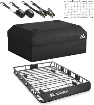 ARKSEN 54 x 39 x 5 Inch Upgrade Universal Roof Rack with Waterproof Bag, Cargo Net&2 Ratchet Straps - 250Lbs Capacity Heavy Duty Rooftop Cargo Carrier with Extension for Car, SUV & Pickup