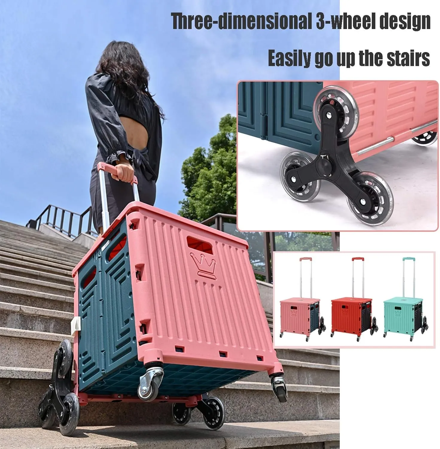 ASN Wheeled Collapsible Handcart Foldable Utility Rolling Cart, Portable Trolley, 35L Folding Utility Cart That Can Climb Stairs, Storage Box with Telescopic Handle, Pink Red Green (Color : Red)