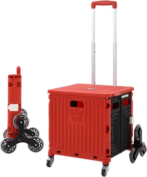 ASN Wheeled Collapsible Handcart Foldable Utility Rolling Cart, Portable Trolley, 35L Folding Utility Cart That Can Climb Stairs, Storage Box with Telescopic Handle, Pink Red Green (Color : Red)