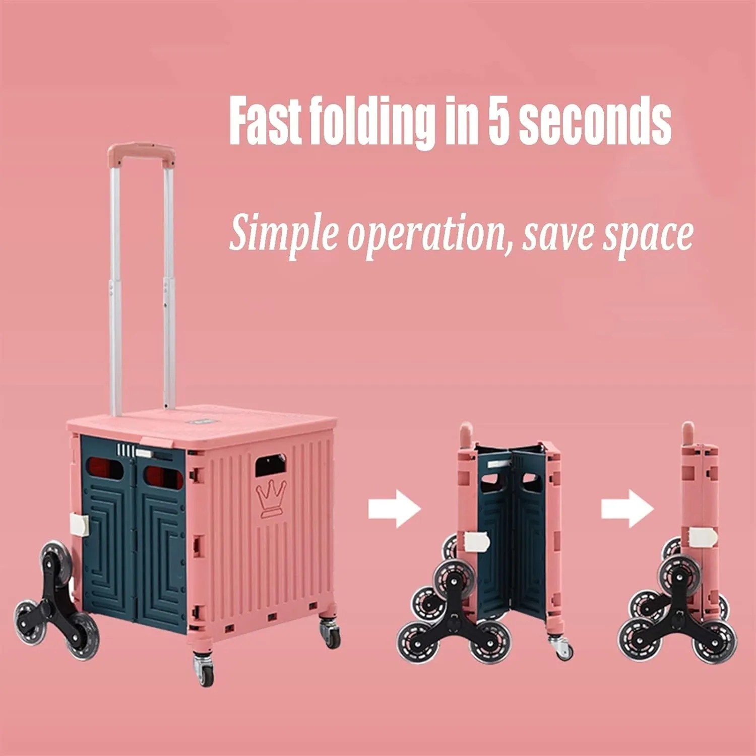 ASN Wheeled Collapsible Handcart Foldable Utility Rolling Cart, Portable Trolley, 35L Folding Utility Cart That Can Climb Stairs, Storage Box with Telescopic Handle, Pink Red Green (Color : Red)