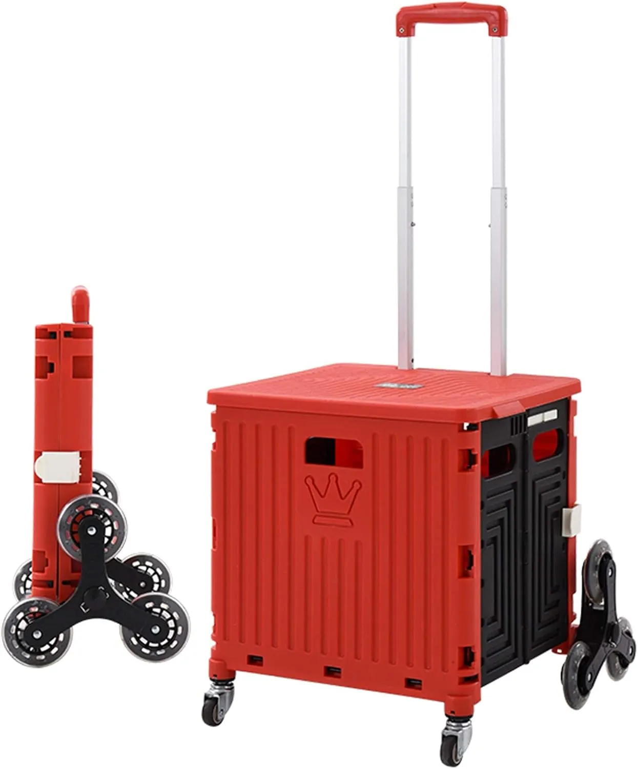 ASN Wheeled Collapsible Handcart Foldable Utility Rolling Cart, Portable Trolley, 35L Folding Utility Cart That Can Climb Stairs, Storage Box with Telescopic Handle, Pink Red Green (Color : Red)