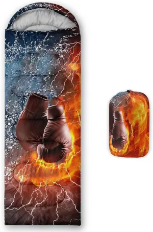 Axolotl Boxing Gloves Sleeping Bags for Adults Cold Warm Weather–Backpacking Camping Sleeping Bag for Kids 10-12 Boys,Cool Lightning Sleeping Bag for Camping,Waterproof Portable Sleeping Bag,Red Blue